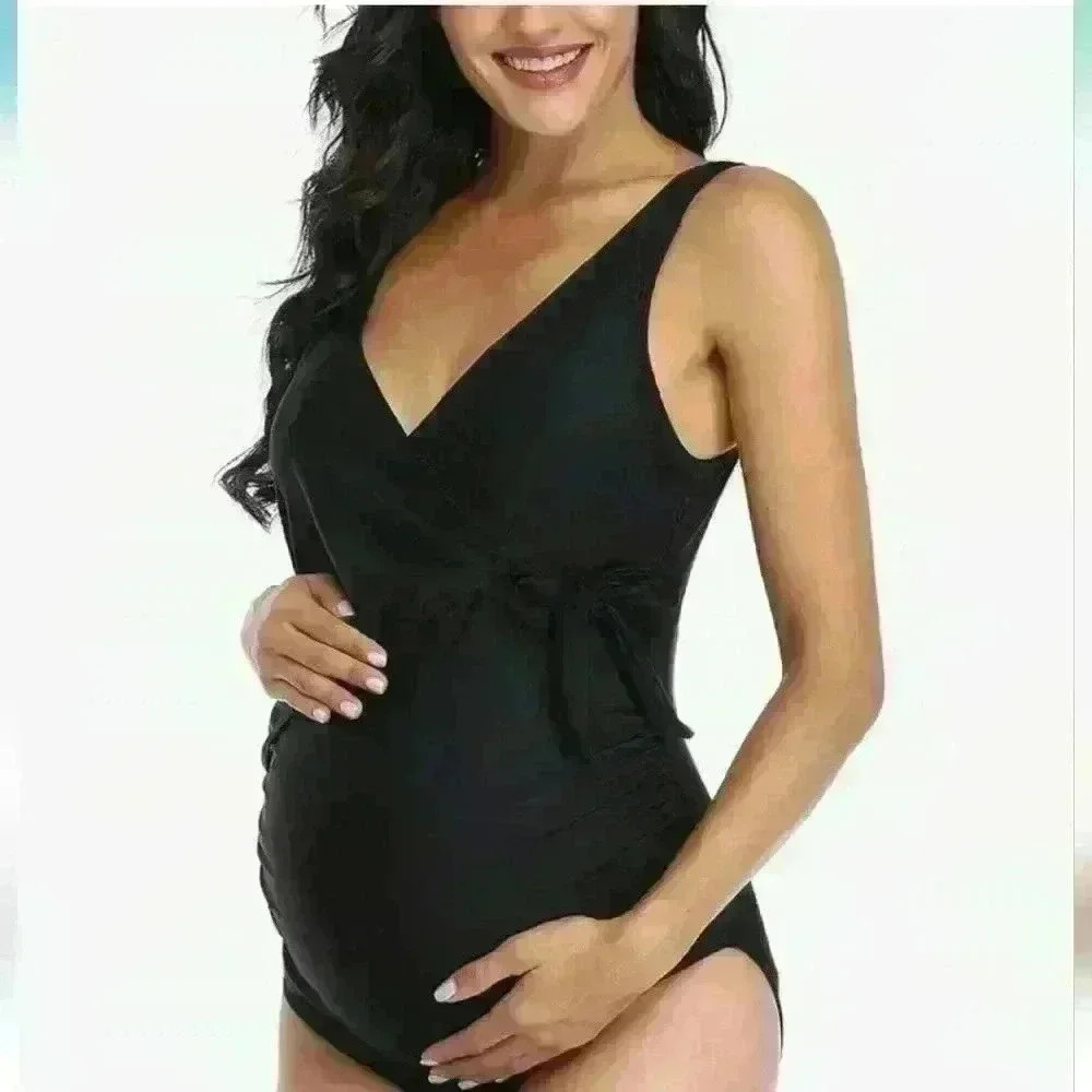 NWT Summer Mae Women's Maternity Ribbed One Piece Swimsuit Black Size Xl